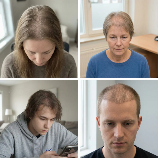 Voorbeelden van diffuse haaruitval bij mannen en vrouwen.