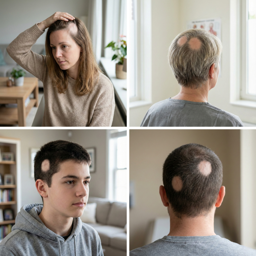 Examples of localized or patchy hair loss in men and women