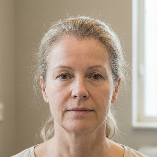 Frontaal portret van een vrouw met gelijkmatig verdeeld haar en een stabiele voorste haarlijn, zonder duidelijke kale plekken, passend bij vroege of milde haarverdunning.