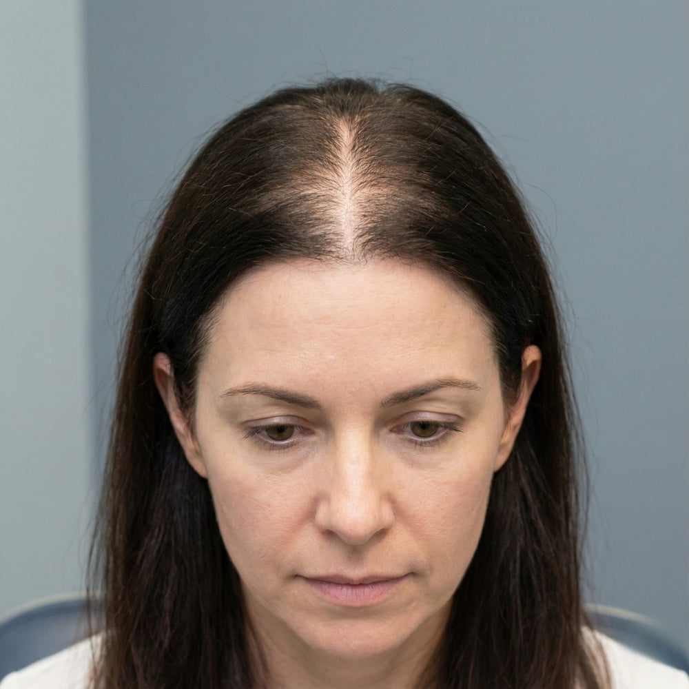 Vrouw met geleidelijke verbreding van de middenscheiding en diffuse haarverdunning, kenmerkend voor alopecia androgenetica bij vrouwen.