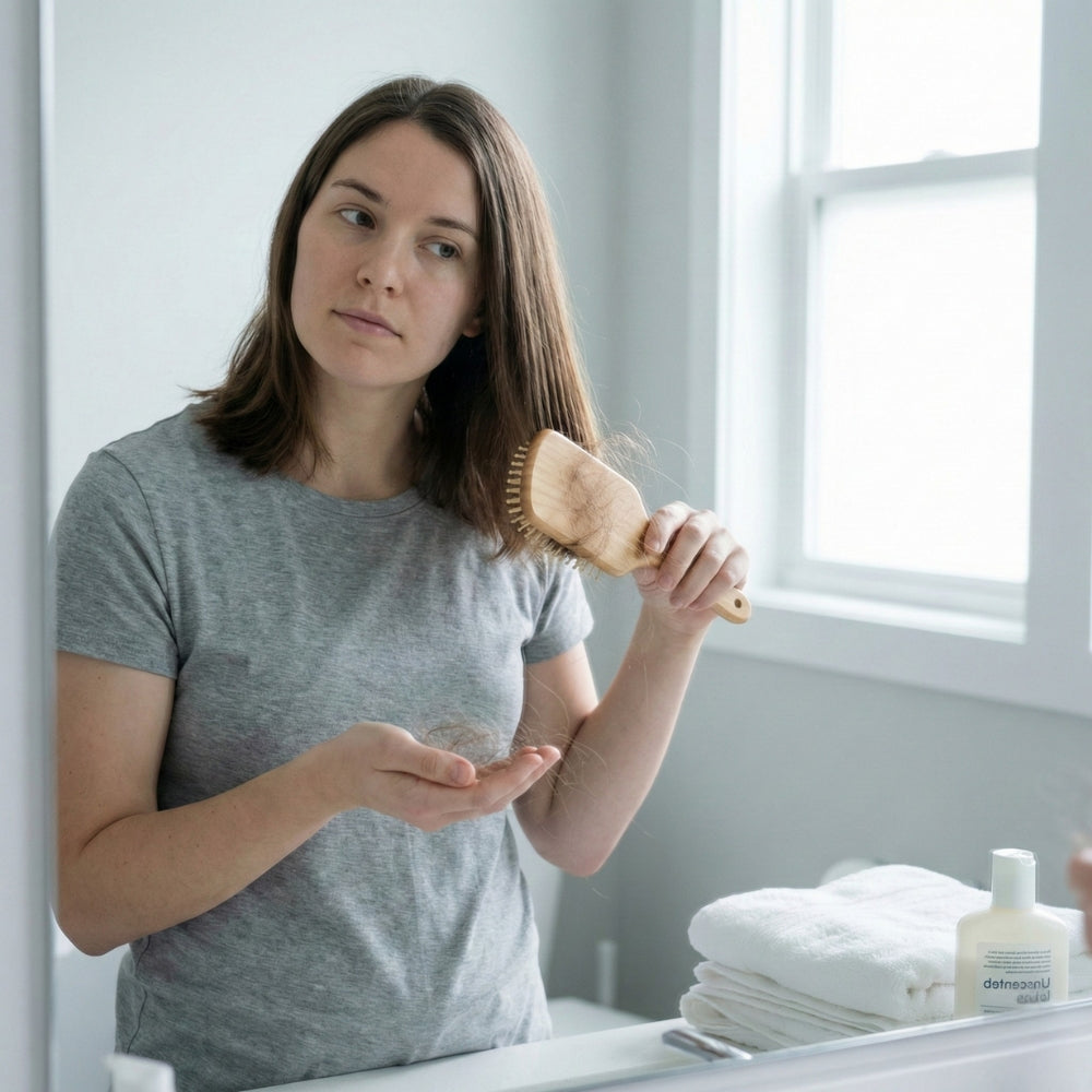 Vrouw die haar haar voorzichtig borstelt en meer losse haren opmerkt, als illustratie van diffuse haaruitval bij telogeen effluvium.