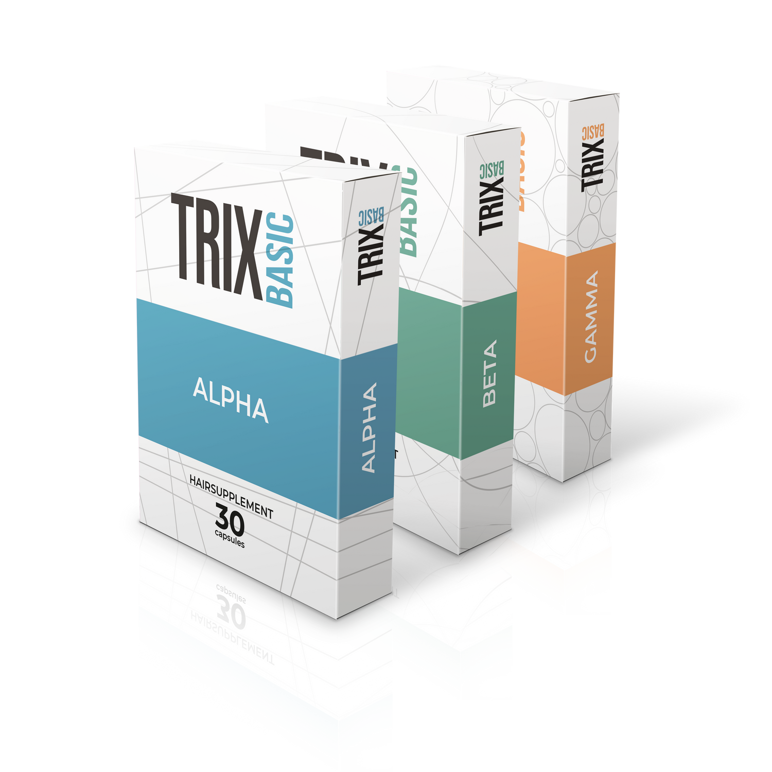 Verpakkingen van TRIX Basic Alpha, Beta en Gamma haarsupplementen voor verschillende vormen van haarverlies