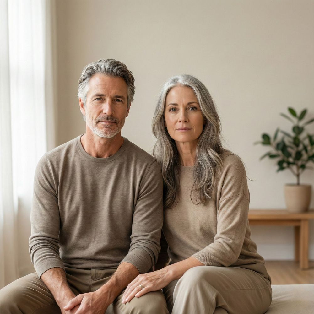 Rustig portret van een man en vrouw van middelbare leeftijd, zittend in natuurlijk daglicht met een neutrale, bedachtzame uitstraling.