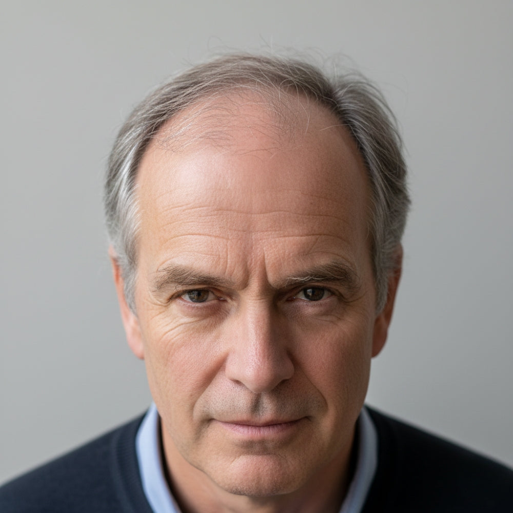 Man met gevorderde alopecia androgenetica, waarbij de aangedane gebieden op de hoofdhuid zich in de loop van de tijd hebben uitgebreid en met elkaar zijn verbonden.