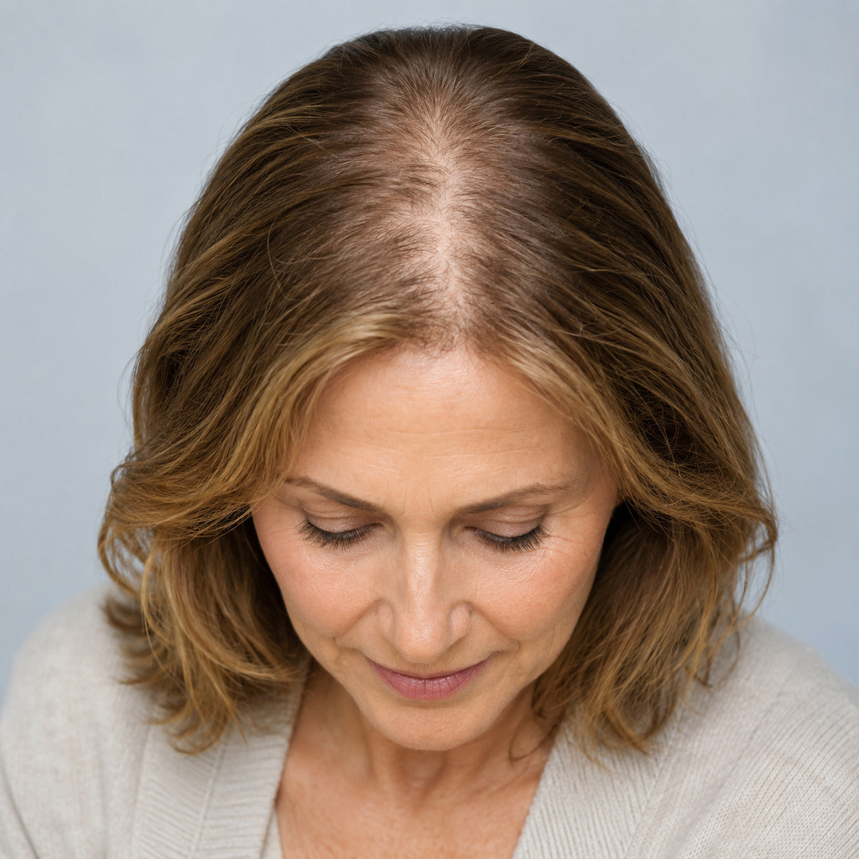Vrouw met een bredere middenscheiding door alopecia androgenetica