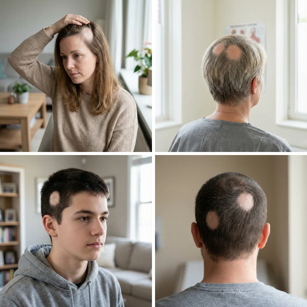 Voorbeelden van pleksgewijze haaruitval door alopecia areata.