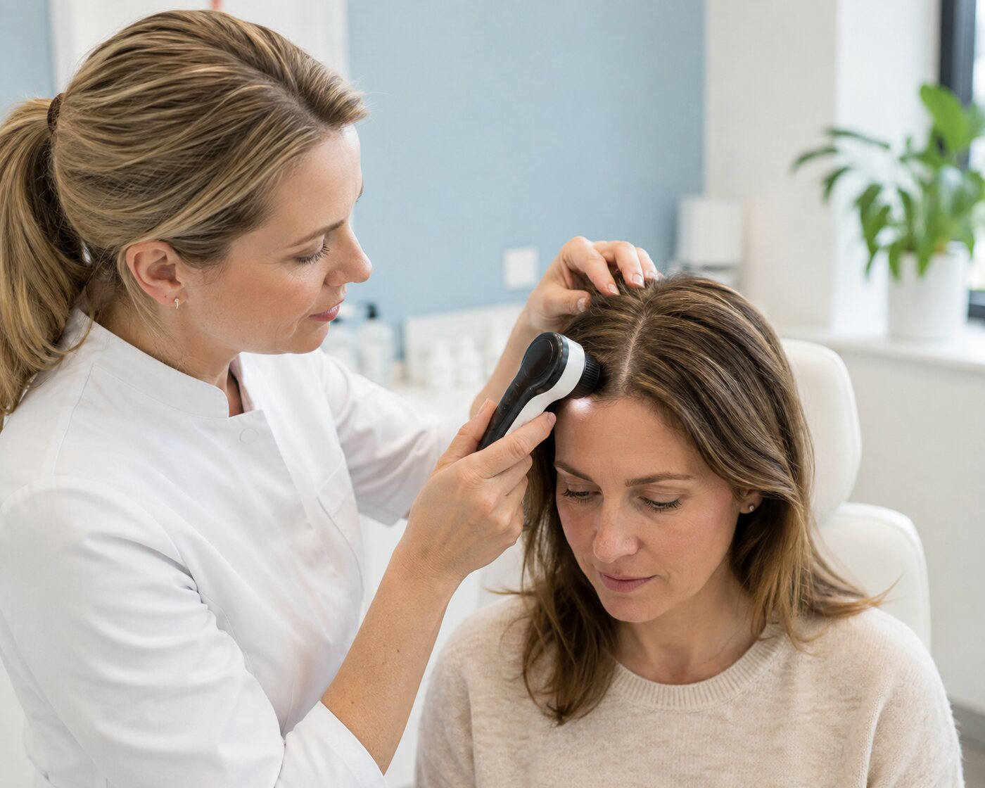 Dermatoloog beoordeelt folliculaire miniaturisatie met een dermatoscoop