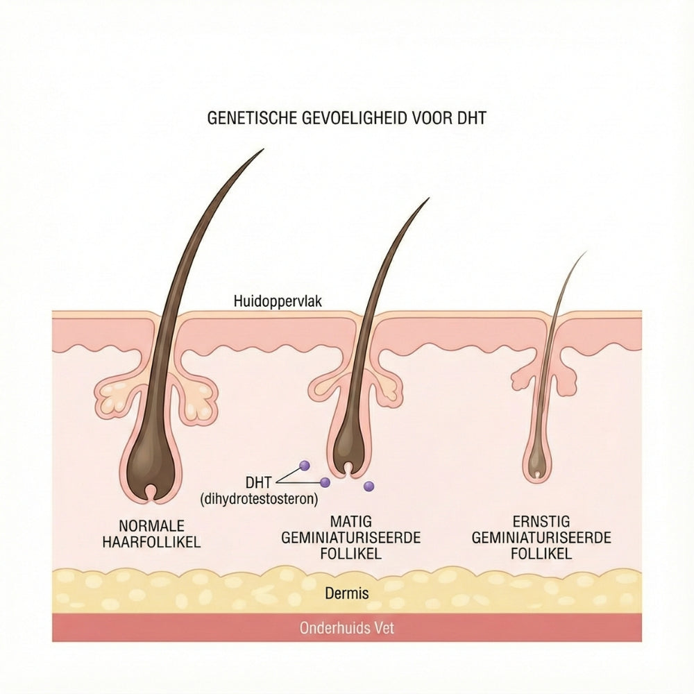 Genetische gevoeligheid van haarfollikels voor DHT bij alopecia androgenetica met normale en geminiaturiseerde follikels.