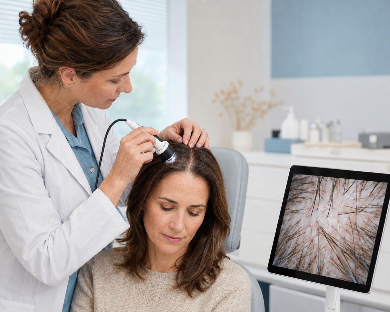 Dermatologische beoordeling wanneer diffuse uitval en patroonverdunning samen voorkomen