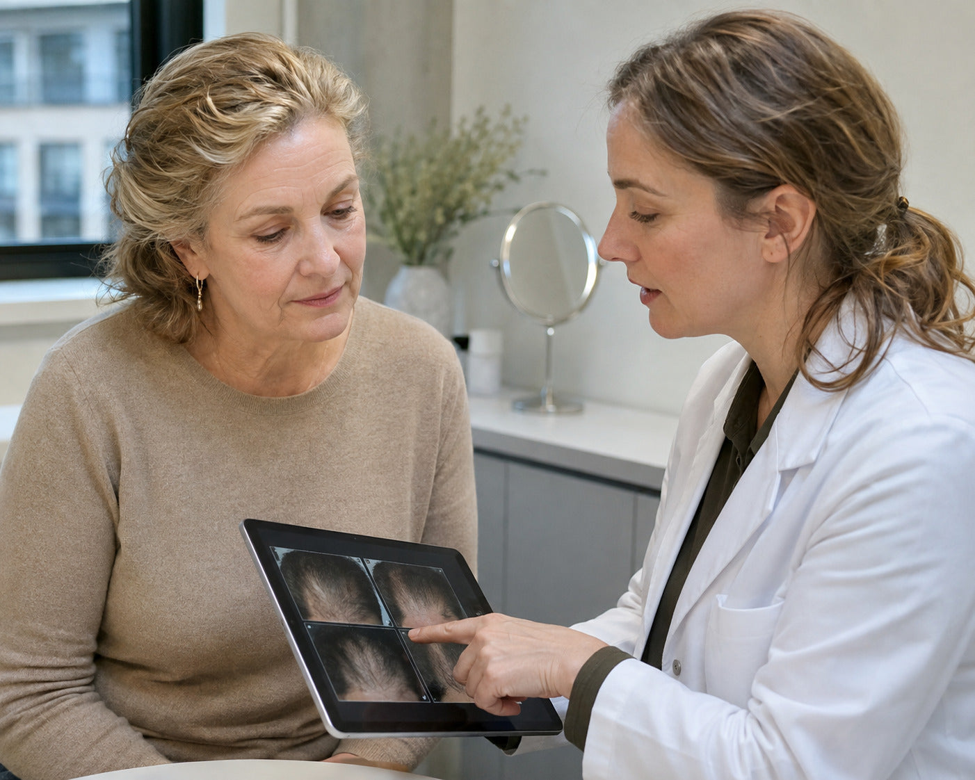 Dermatoloog bespreekt controlefoto’s van de haargrens met een patiënte