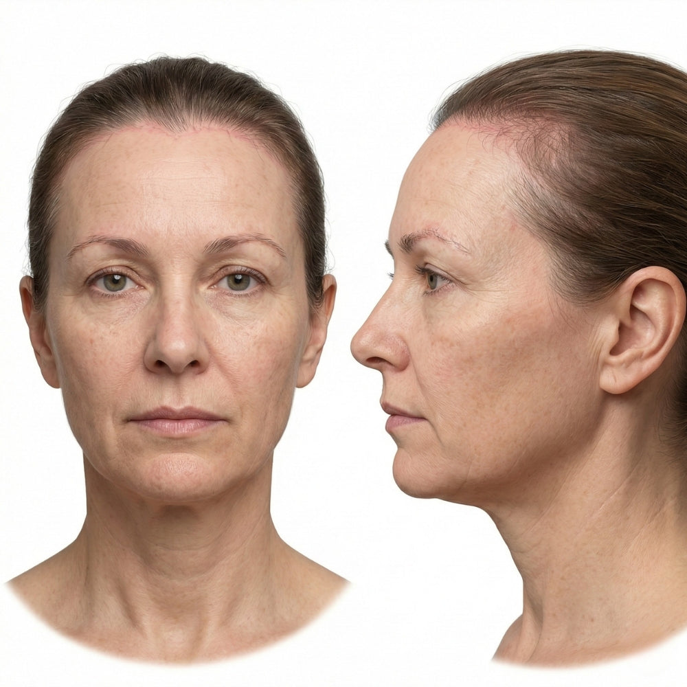 Clinical illustration of frontal fibrosing alopecia (FFA) with a receding hairline and mild eyebrow thinning