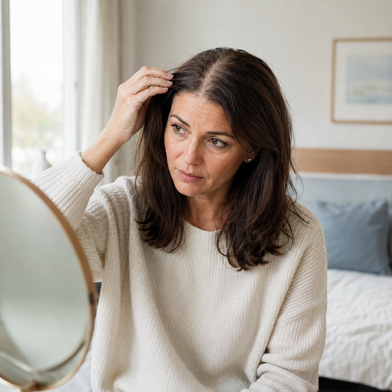 Vrouw bekijkt haar en middenscheiding in de spiegel.