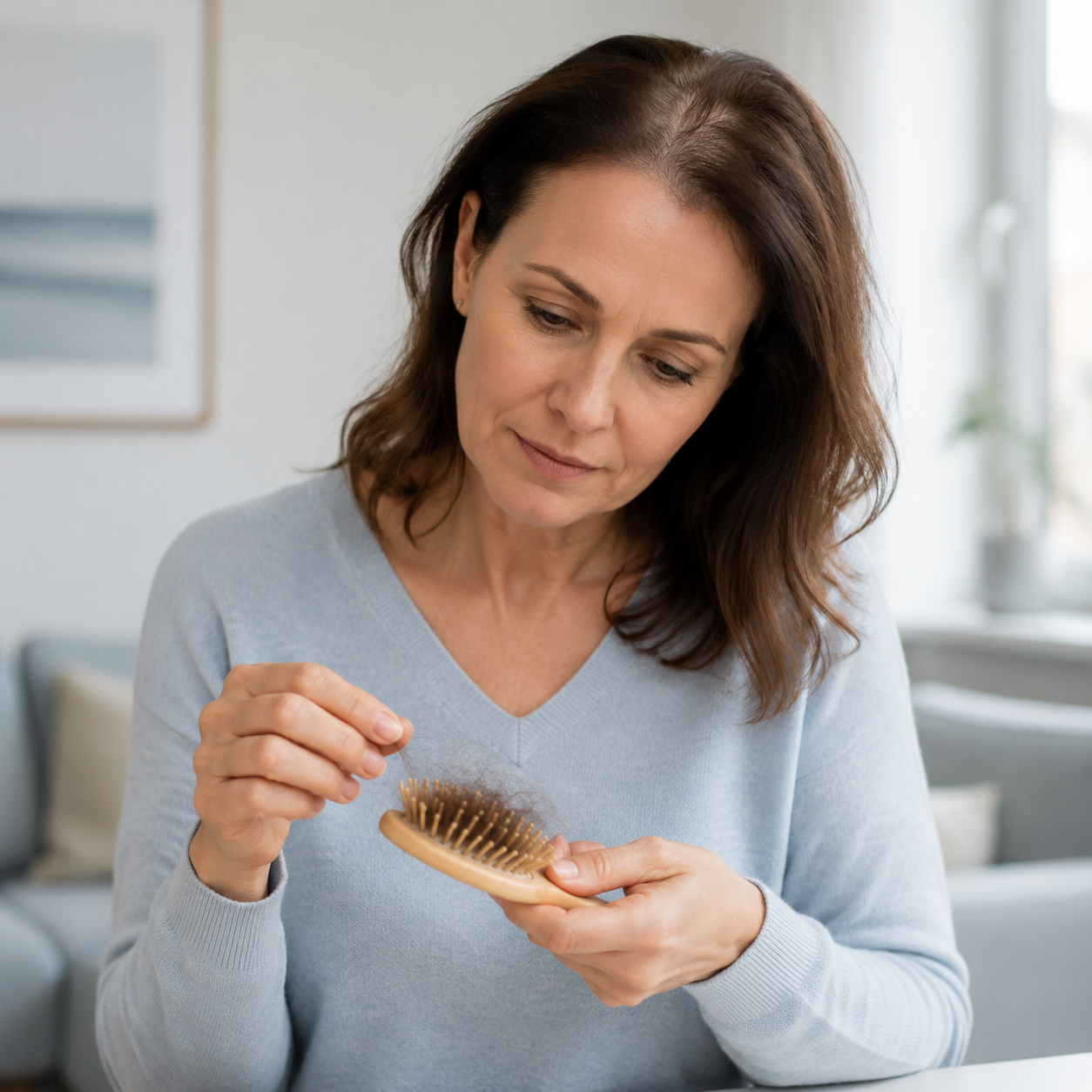 Vrouw bekijkt uitgevallen haren in haarborstel na een langdurige stressvolle periode.