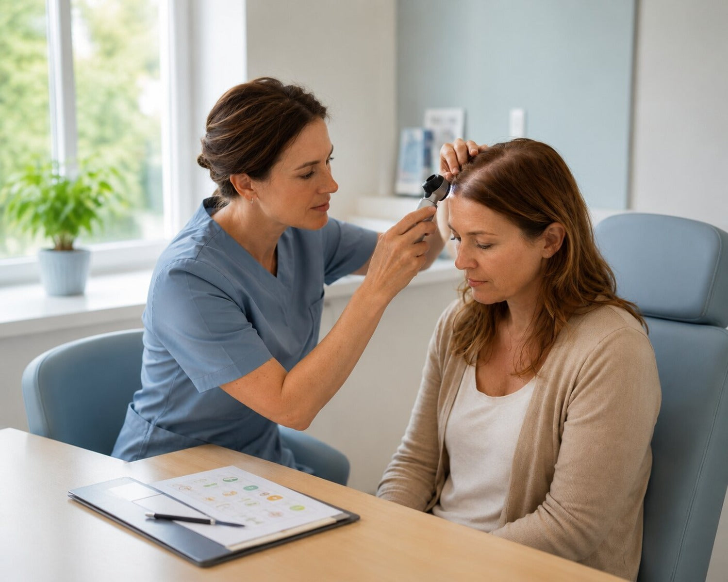 Dermatoloog beoordeelt stressgerelateerde haaruitval met een dermatoscoop
