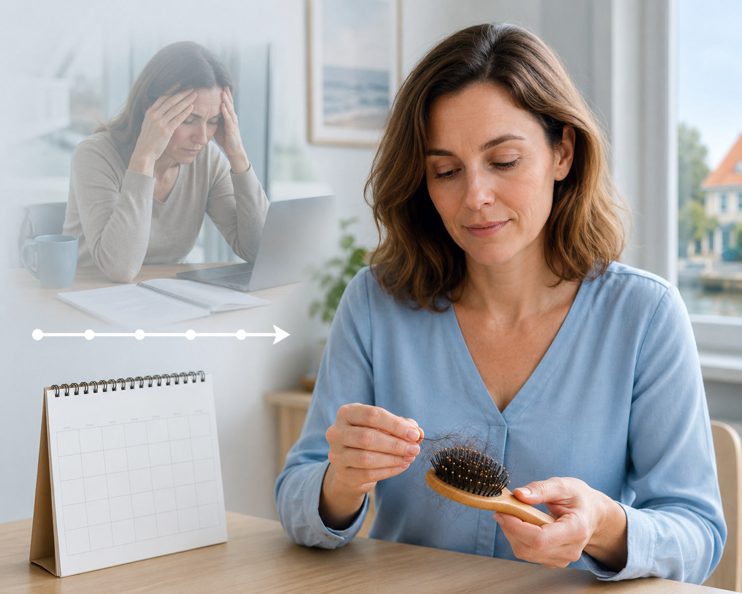 Vrouw bekijkt uitgevallen haren enkele maanden na een stressvolle periode