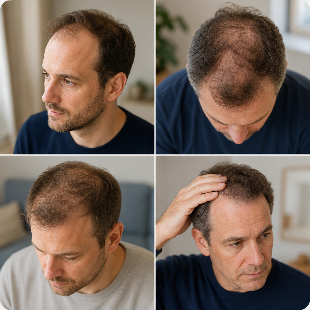Vier voorbeelden van haarverlies bij mannen, waaronder terugwijkende inhammen en kruinverdunning.