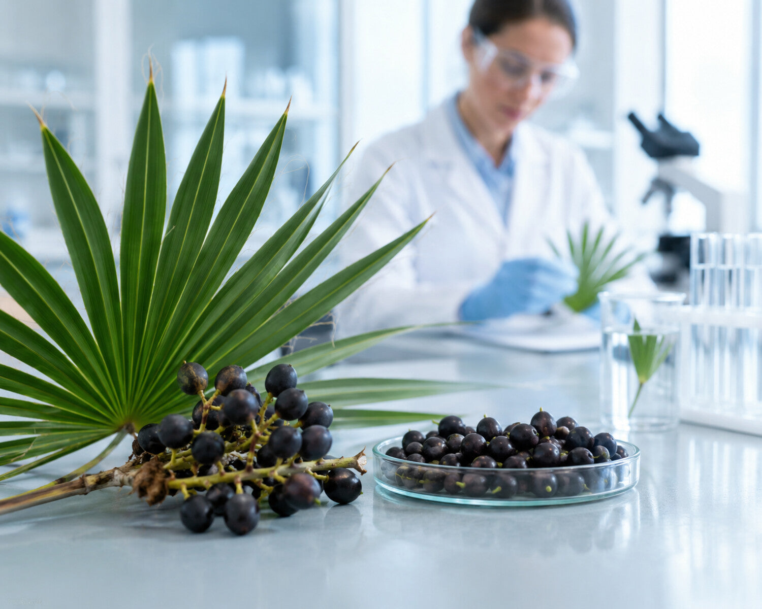 Saw palmetto leaves and dark berries are being studied in a laboratory