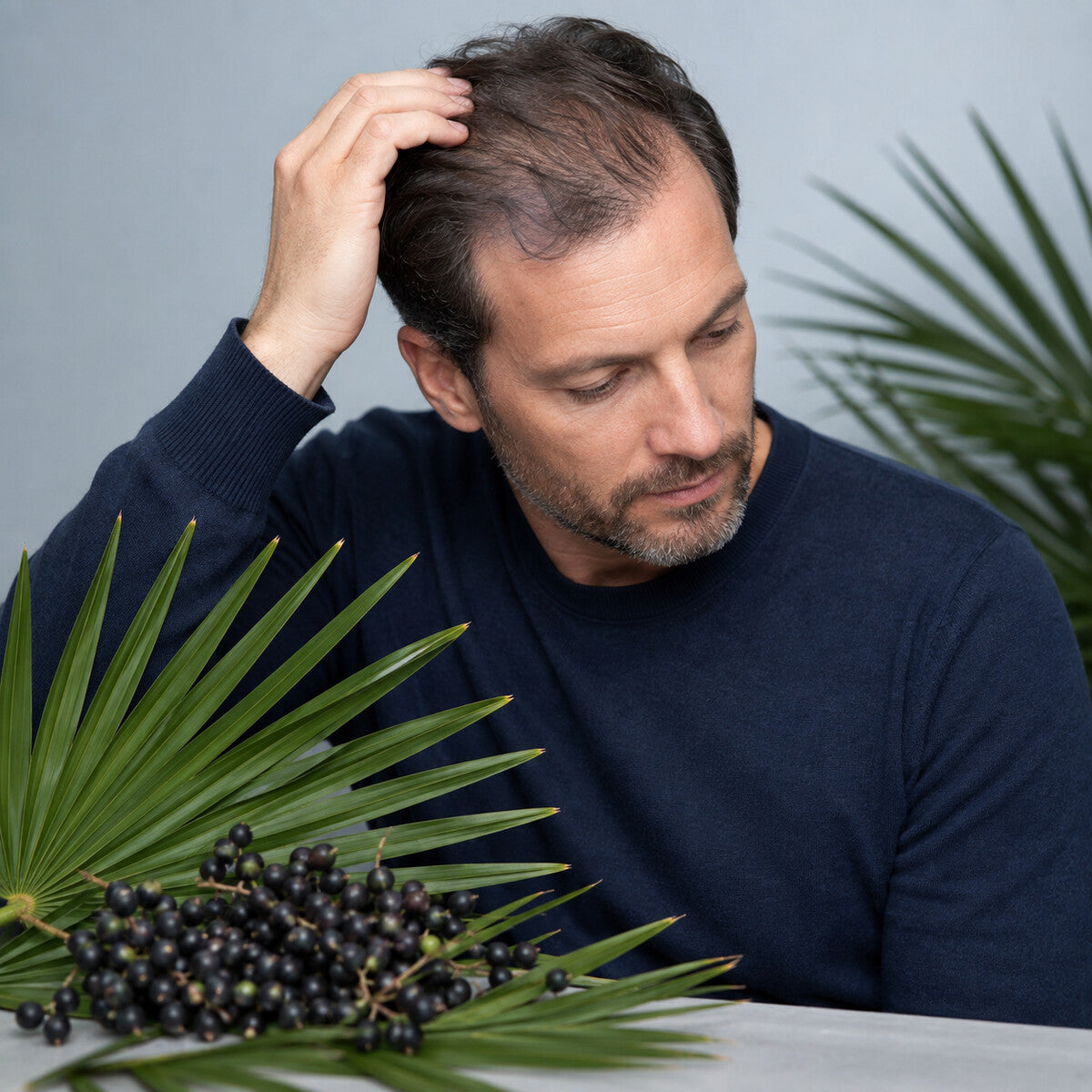 Man met erfelijke haarverdunning naast bladeren en donkere bessen van saw palmetto