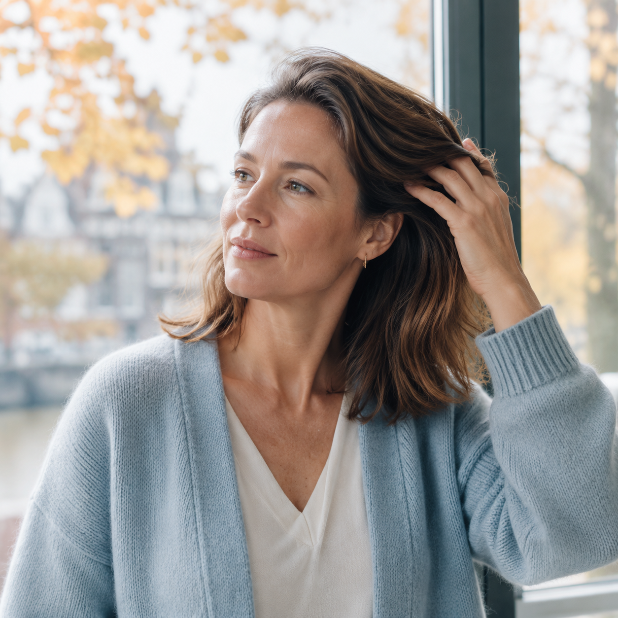 Vrouw observeert haar tijdens de overgang naar het herfstseizoen