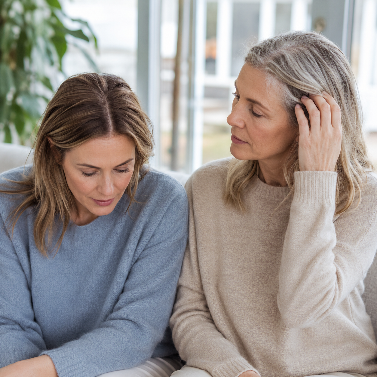Twee vrouwen in verschillende levensfasen als beeld voor de invloed van stress en hormonale veranderingen op haaruitval.