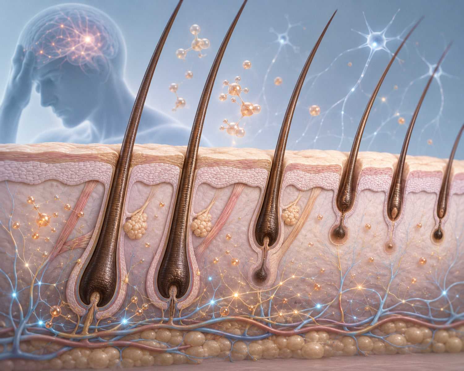 Illustratie van interne stresssignalen die de haargroeicyclus kunnen beïnvloeden