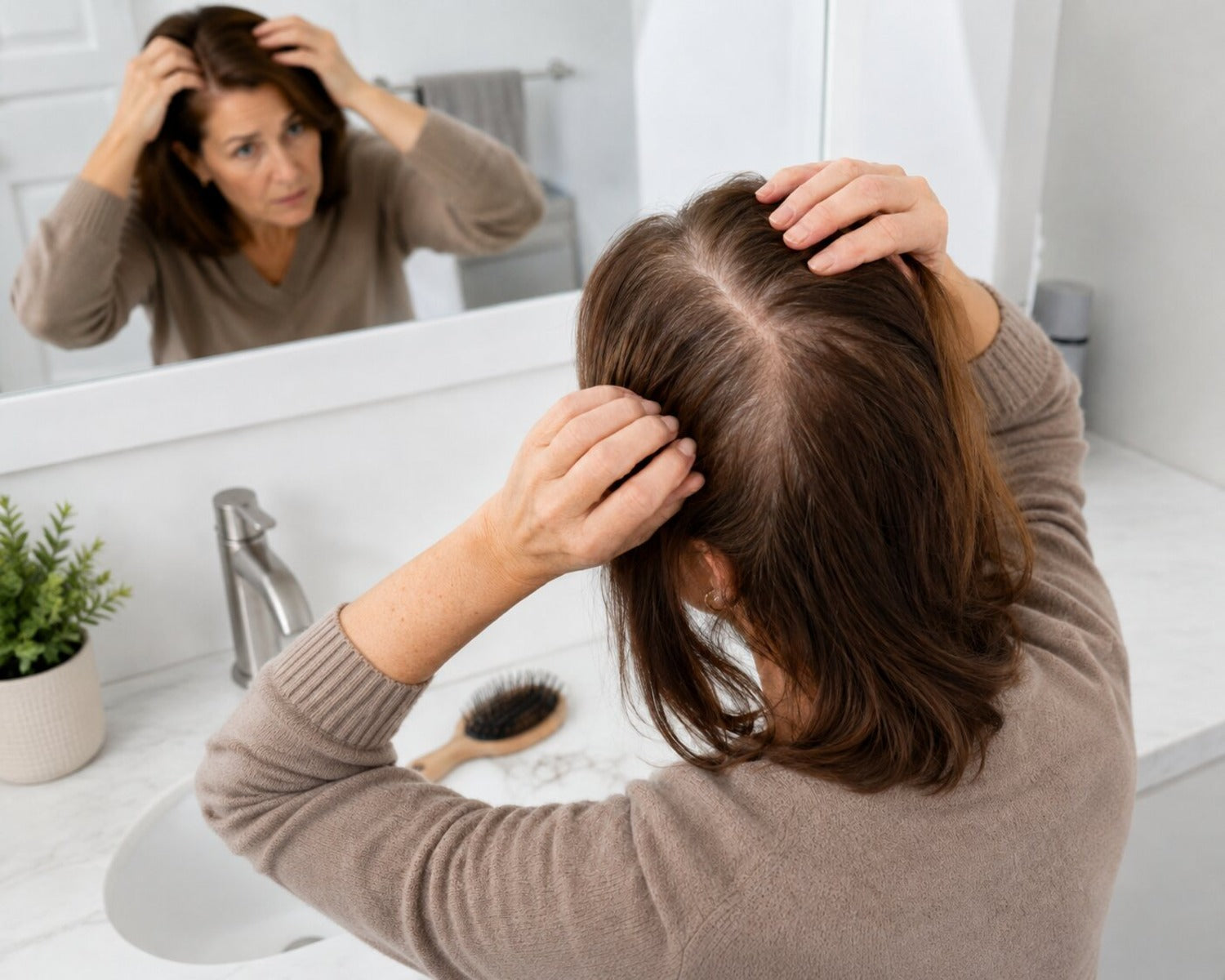 Vrouw controleert diffuse haarverdunning op haar hoofdhuid in de spiegel