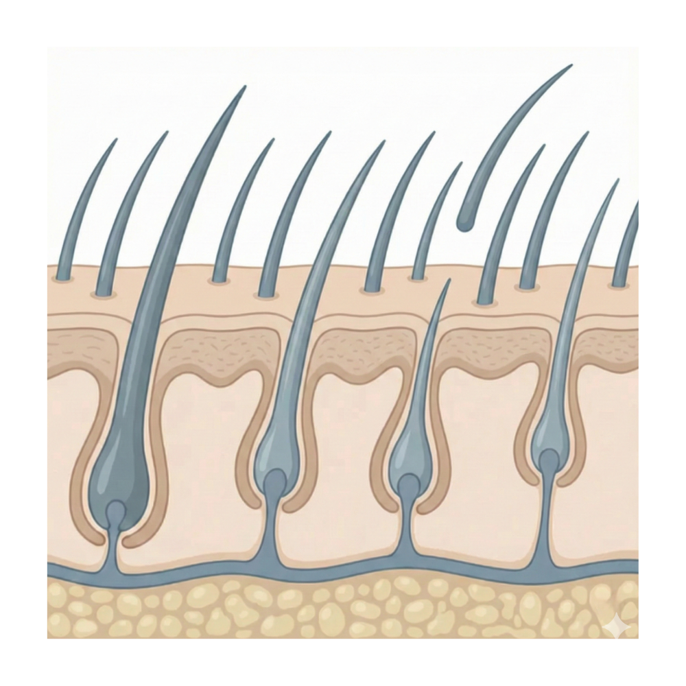 Illustratie van diffuse haaruitval bij telogeen effluvium, met meerdere haarzakjes in de telogene rustfase.