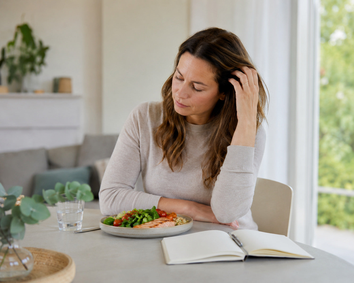 Woman examines her eating habits and touches herself after a period of weight loss