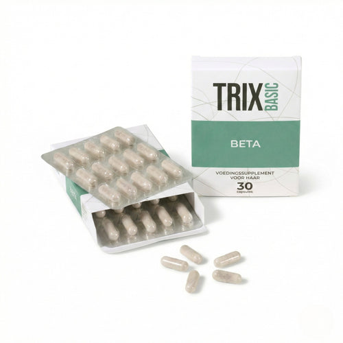 TRIX Basic Beta hair supplement with capsules.
