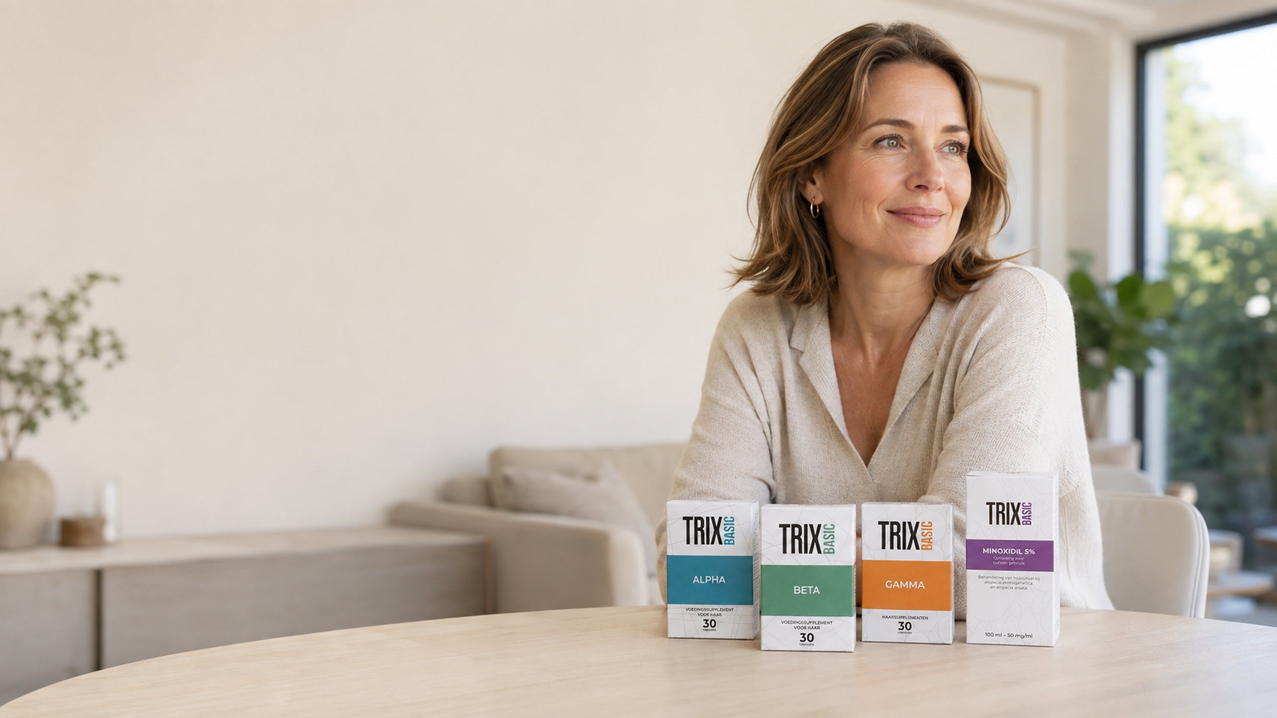 Dutch woman with TRIX Basic Alpha, Beta, Gamma, and Minoxidil 5%.