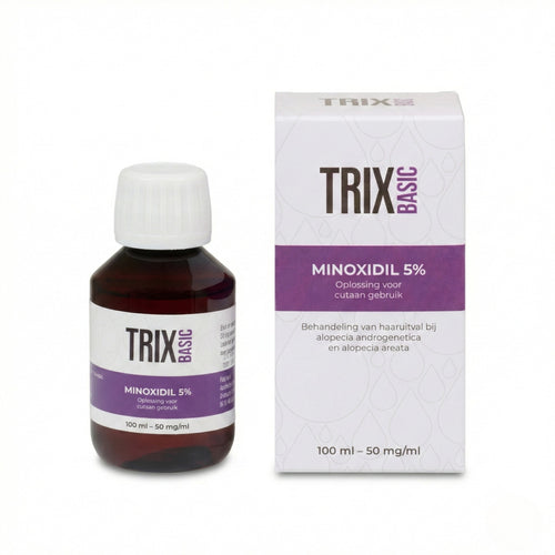 TRIX Basic Minoxidil 5% lotion with rosemary oil, bottle and packaging.