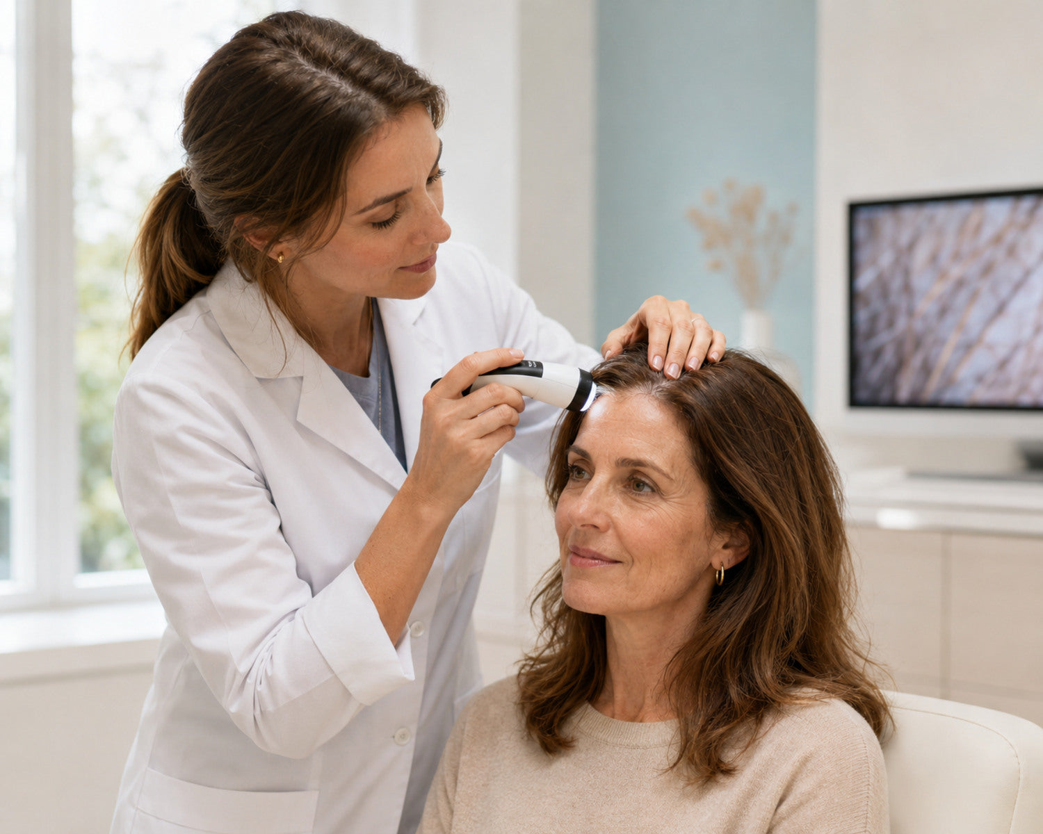 Dermatologisch professional beoordeelt langdurige diffuse haaruitval bij een vrouw
