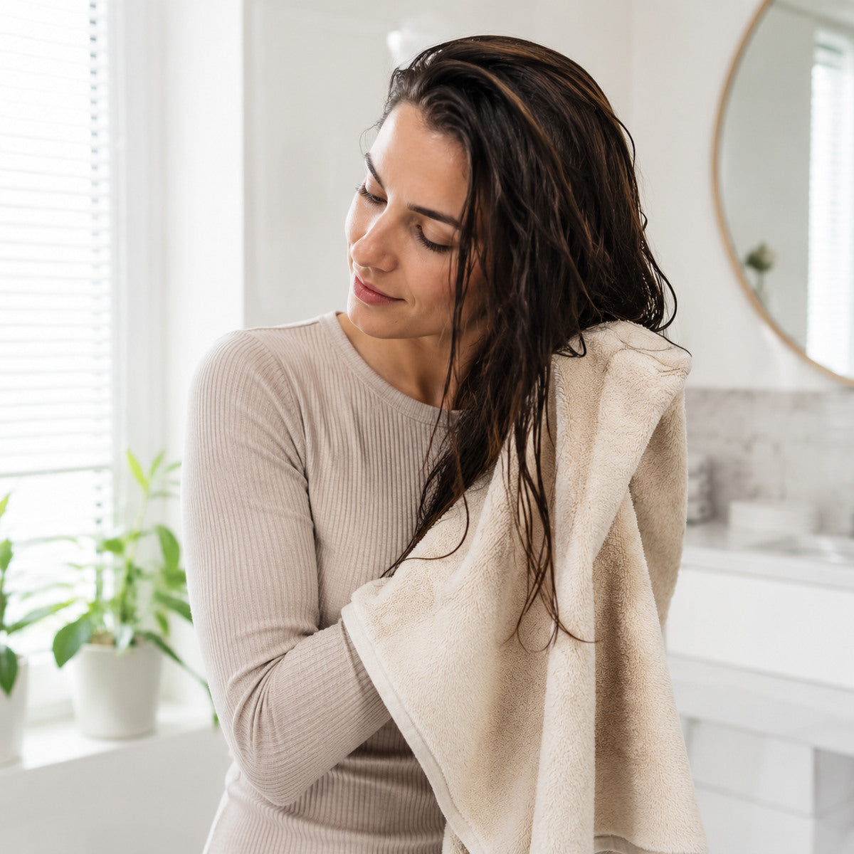 Vrouw droogt nat haar voorzichtig met een handdoek