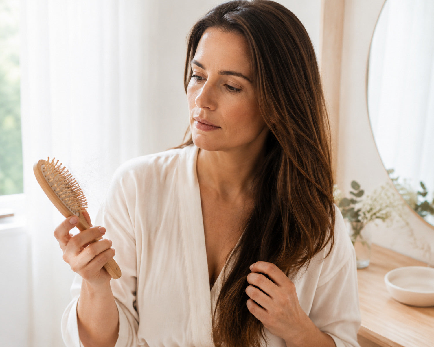 Vrouw bekijkt volledige losse haren in haar borstel om haaruitval te herkennen