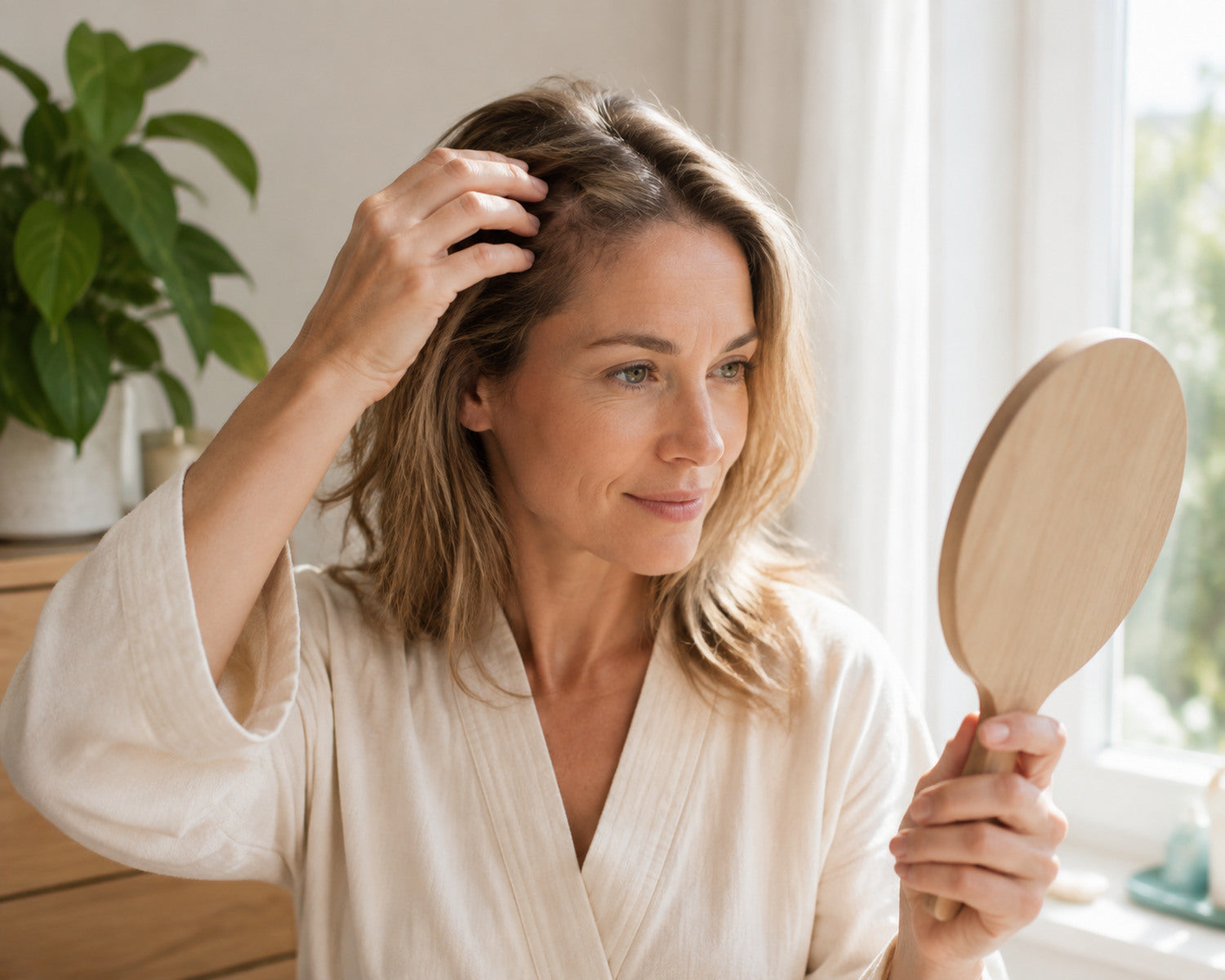Vrouw bekijkt subtiele nieuwe haargroei tijdens geleidelijk herstel na ziekte