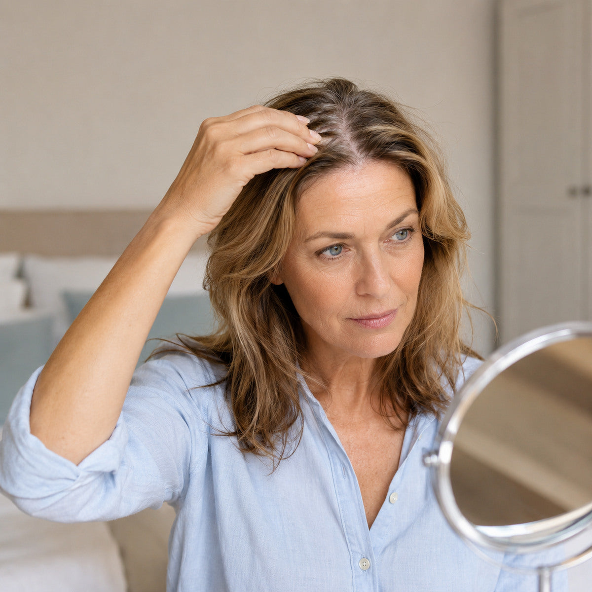 Vrouw onderzoekt haar middenscheiding tijdens de overgang