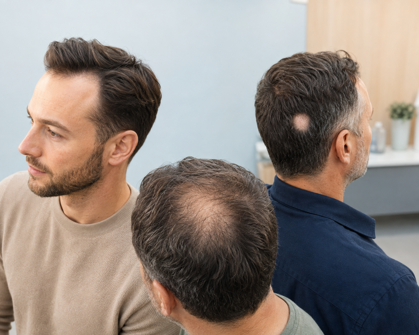 Three men show different patterns of hair loss: receding temples, thinning at the crown, and a localized bald spot.