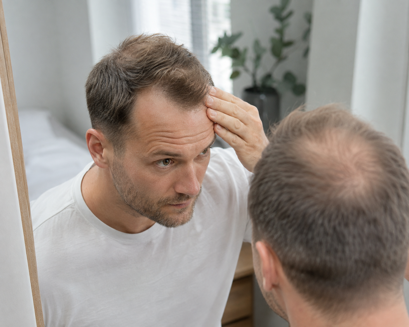 Man bekijkt in de spiegel zijn terugwijkende haarlijn en verdunning bij de kruin.