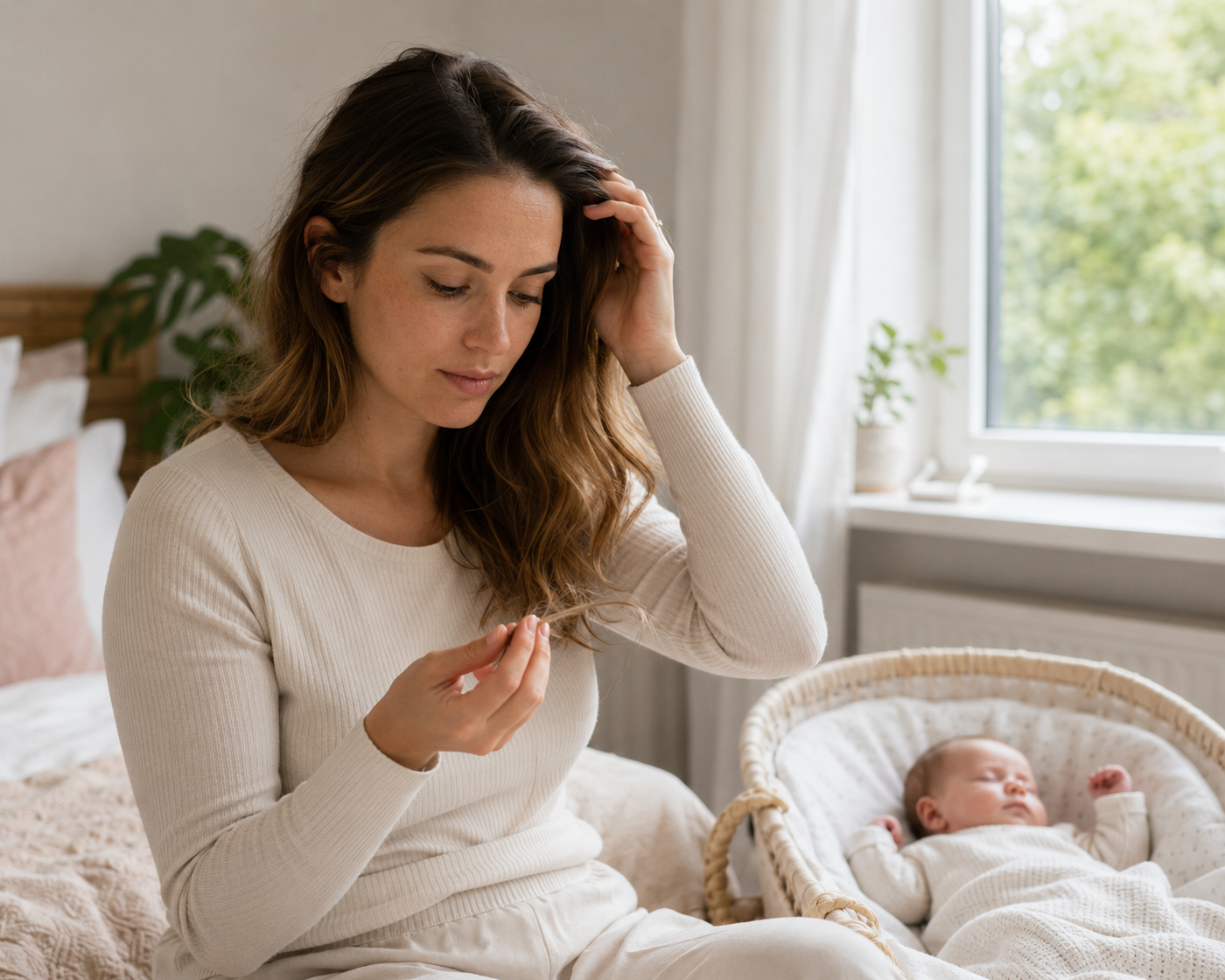 Mother notices a few loose hairs in the months after giving birth while her baby rests beside her.