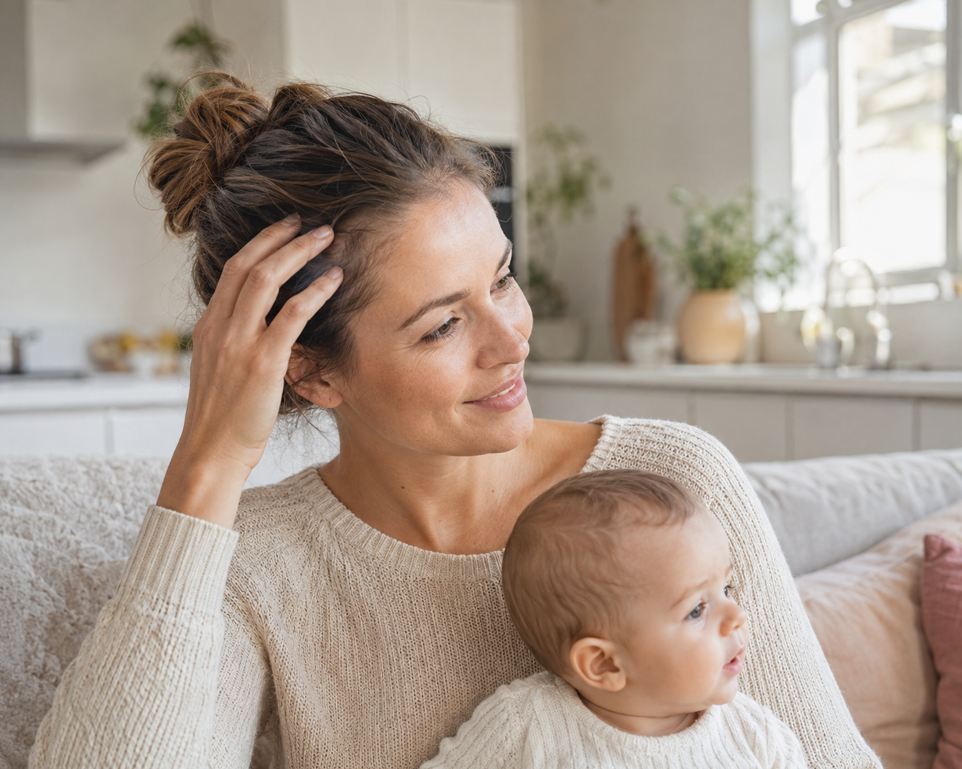 Moeder met haar baby laat korte nieuwe haargroei zien rond de haarlijn.