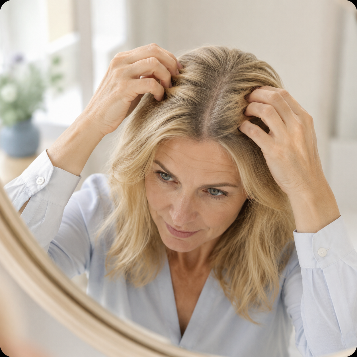 Vrouw bekijkt in de spiegel haar bredere middenscheiding bij geleidelijke patroonverdunning.