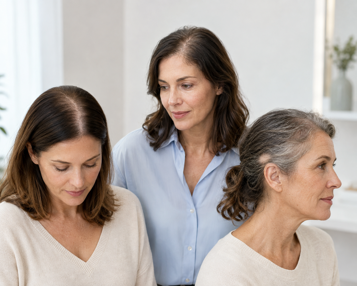 Three women show different patterns of hair loss: a wider central part, diffuse thinning, and a localized bald spot.
