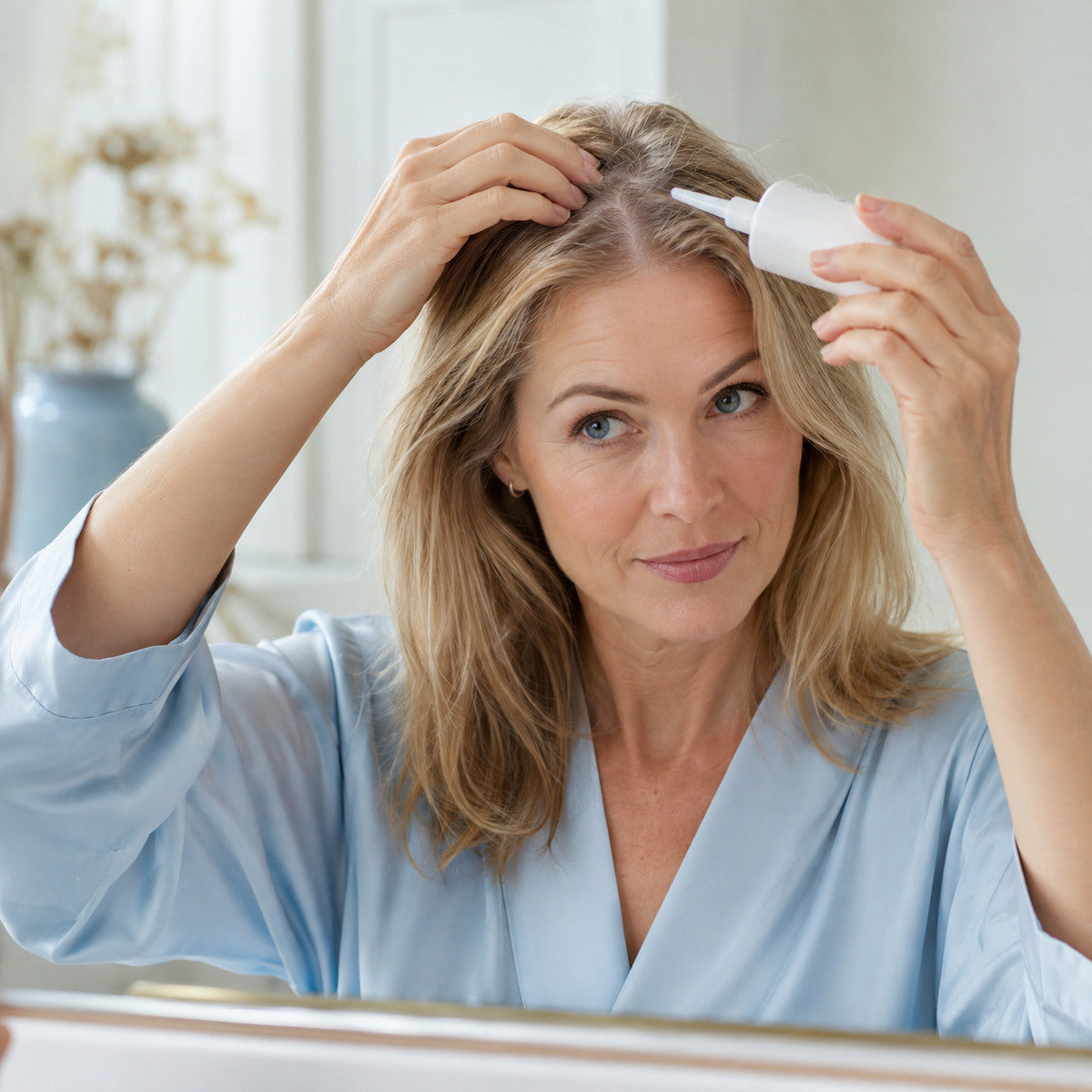 Vrouw brengt minoxidil zorgvuldig aan op haar hoofdhuid