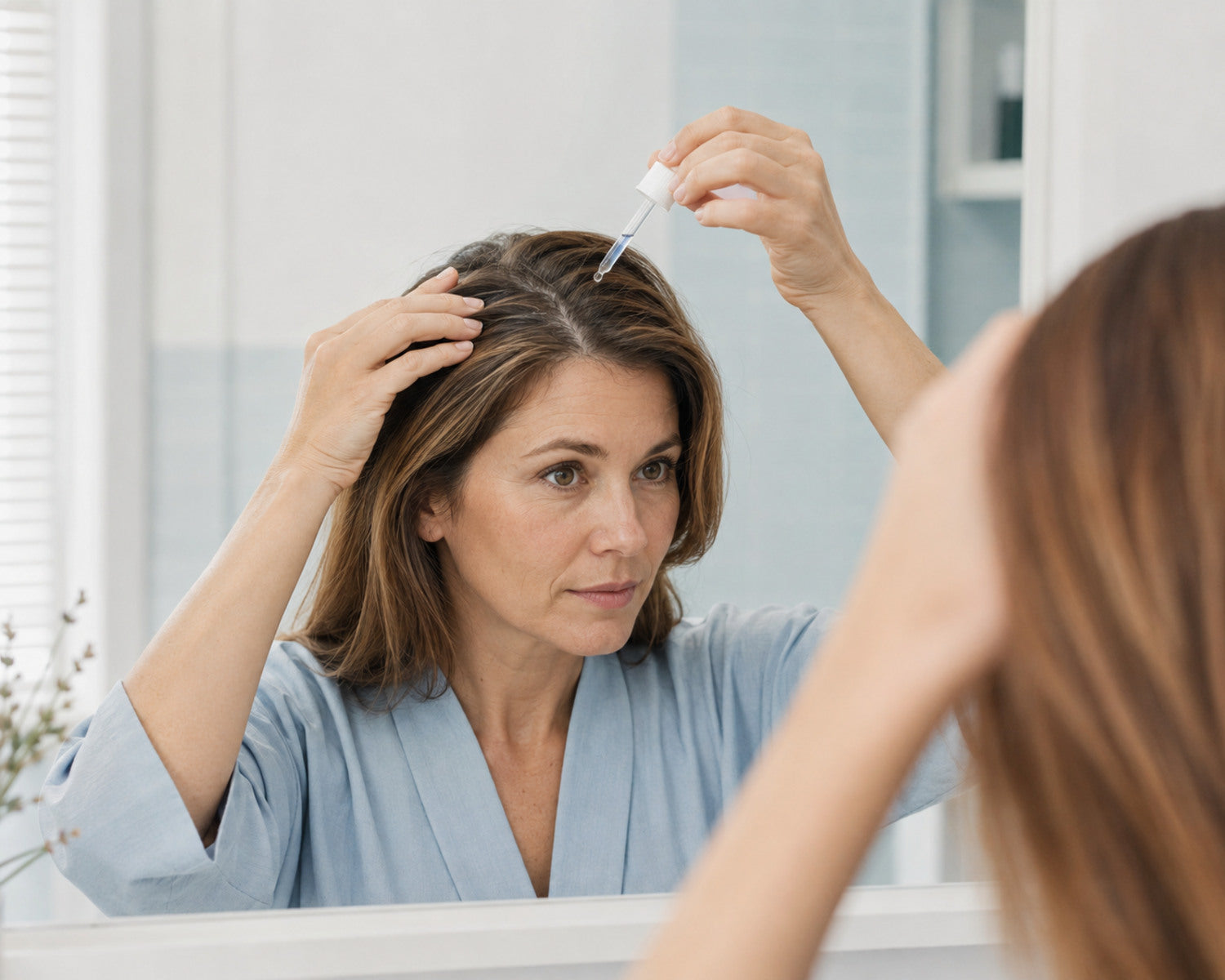 Woman applies scalp lotion directly to the dry scalp between the hair strands