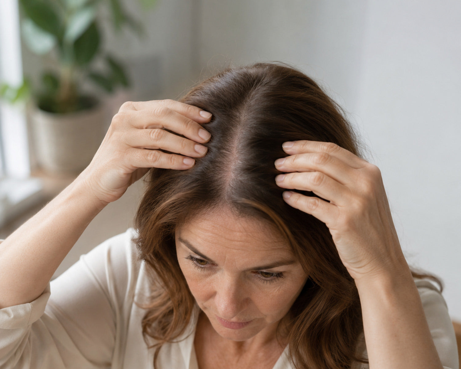 Vrouw bekijkt haar middenscheiding om geleidelijke verdunning te volgen