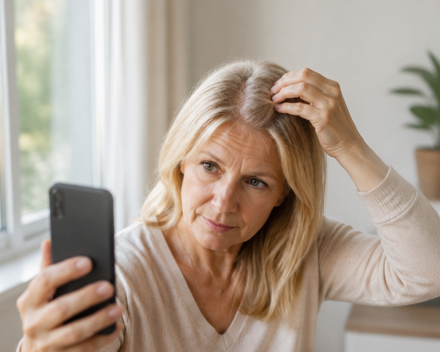 Vrouw volgt veranderingen aan haar middenscheiding met haar mobiele telefoon