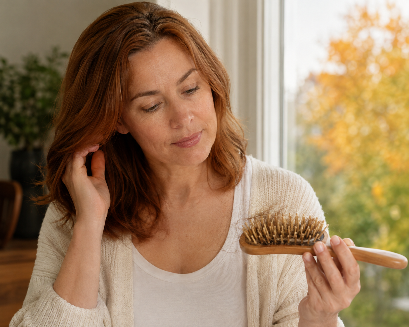 A woman notices temporarily more loose hairs in her hairbrush during the transition to autumn.