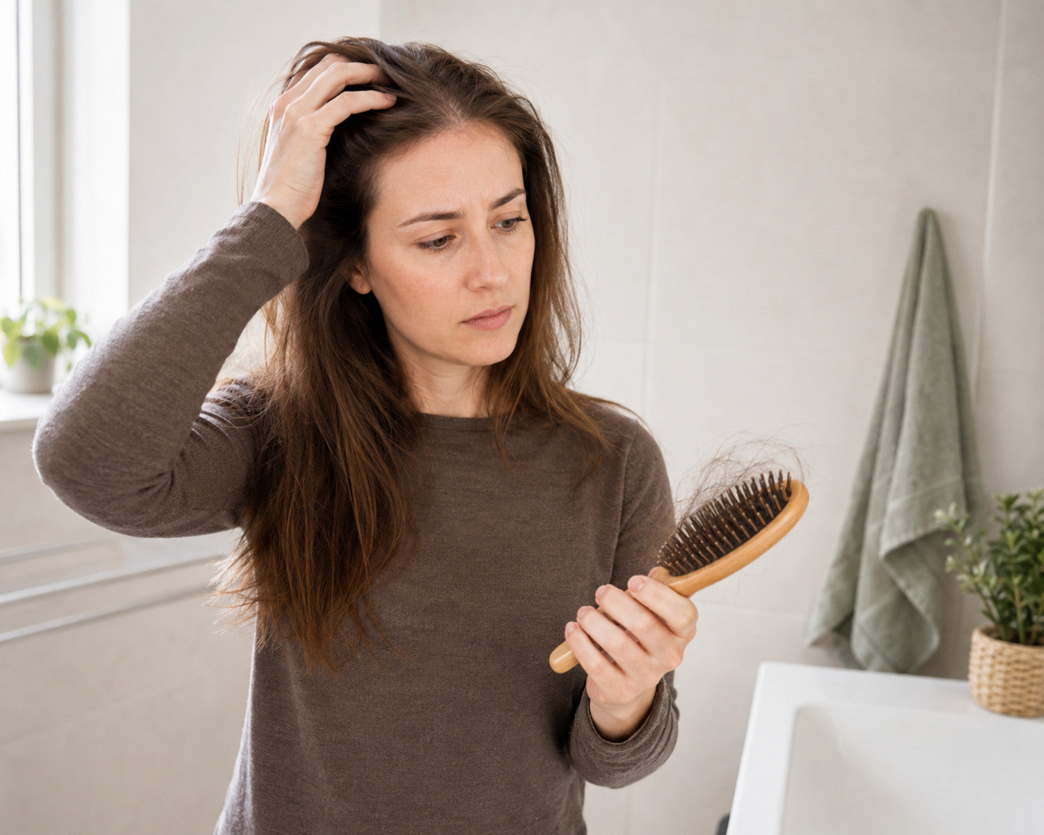 Woman examines diffuse hair loss in her hairbrush after stopping the pill
