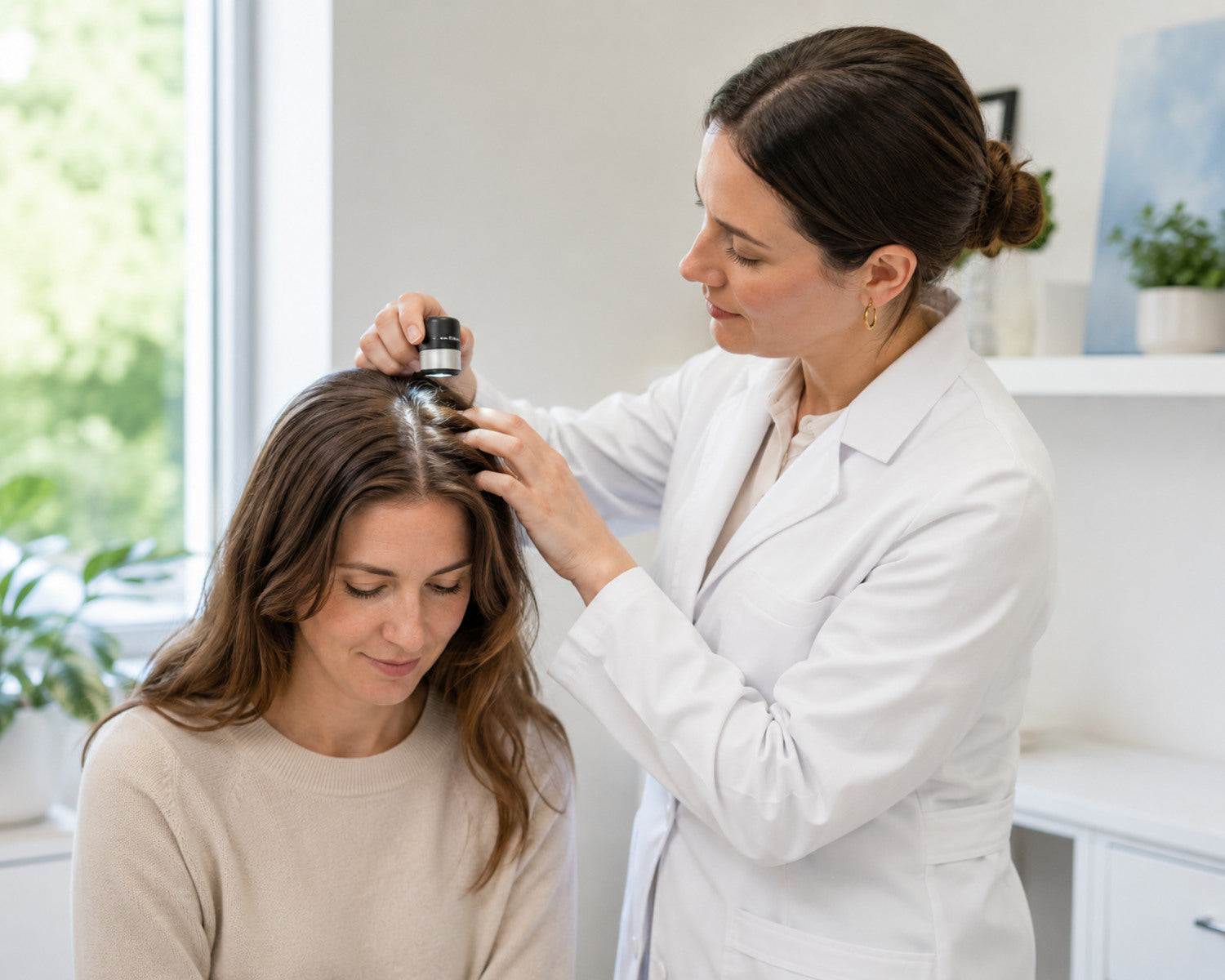 Dermatologisch professional onderzoekt de hoofdhuid van een vrouw na diffuse haaruitval