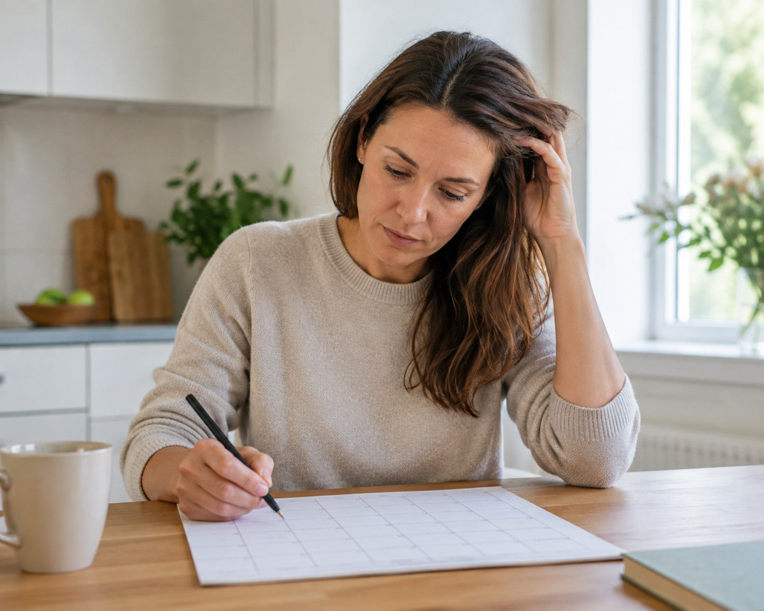 Vrouw markeert maanden in een kalender om vertraagde haaruitval na het stoppen met de pil te volgen